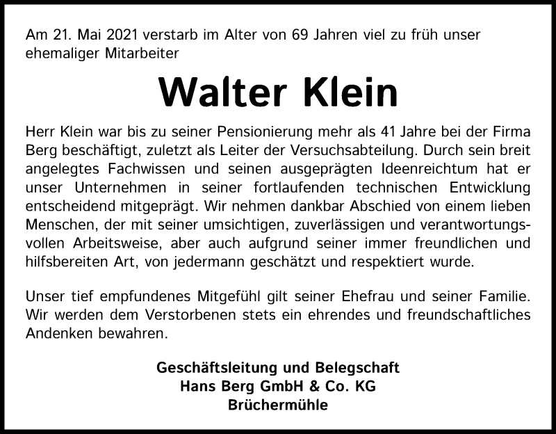  Traueranzeige für Walter Klein vom 29.05.2021 aus Kölner Stadt-Anzeiger / Kölnische Rundschau / Express