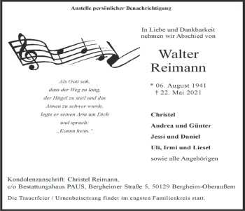 Anzeige von Walter Reimann von  Werbepost 