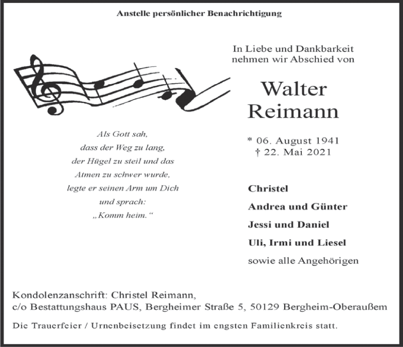  Traueranzeige für Walter Reimann vom 28.05.2021 aus  Werbepost 