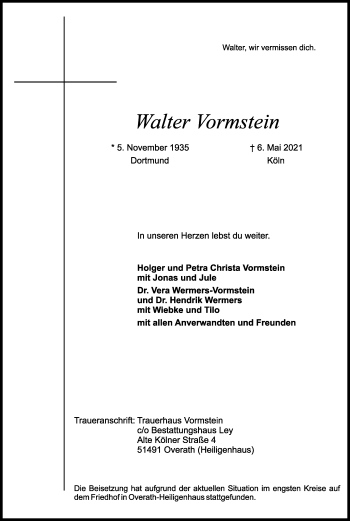 Anzeige von Walter Vormstein von Kölner Stadt-Anzeiger / Kölnische Rundschau / Express