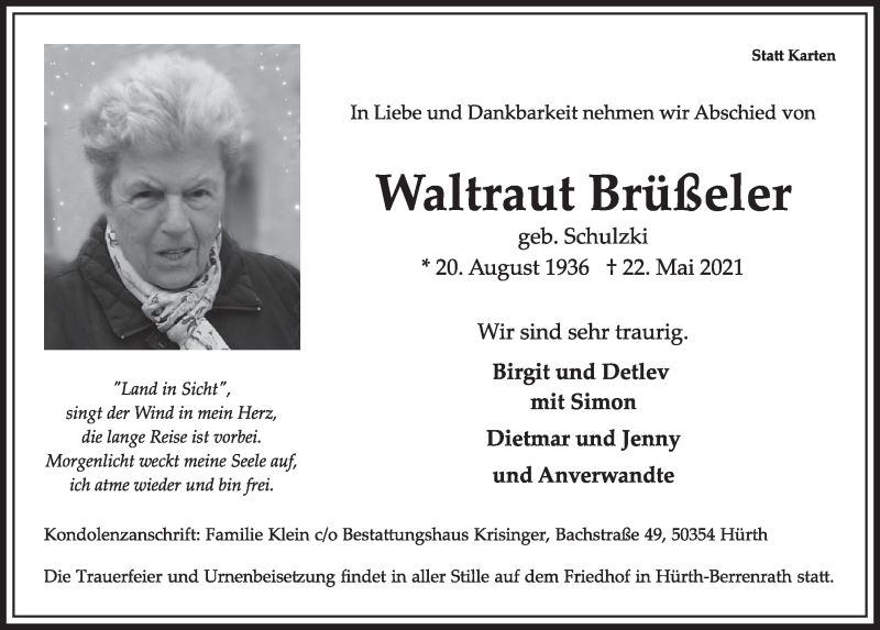  Traueranzeige für Waltraut Brüßeler vom 28.05.2021 aus  Wochenende 