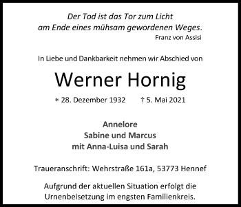 Anzeige von Werner Hornig von Kölner Stadt-Anzeiger / Kölnische Rundschau / Express