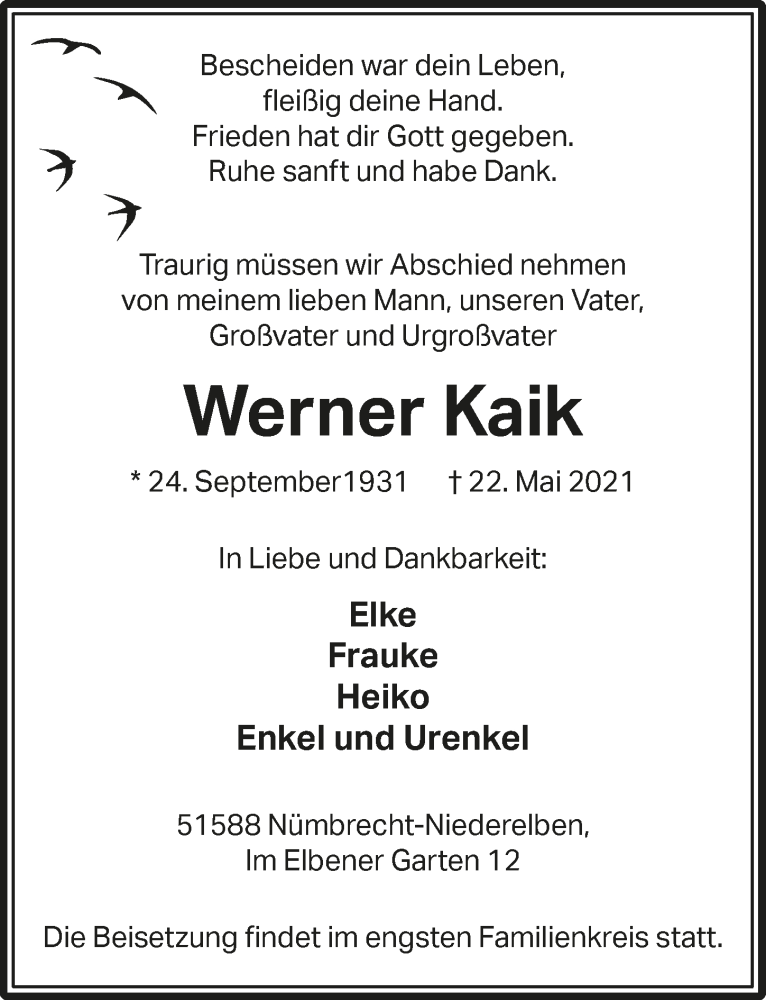  Traueranzeige für Werner Kaik vom 28.05.2021 aus  Lokalanzeiger 