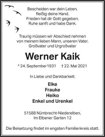 Anzeige von Werner Kaik von  Lokalanzeiger 