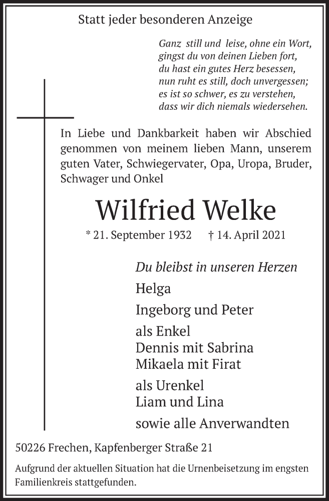  Traueranzeige für Wilfried Welke vom 21.05.2021 aus  Wochenende 