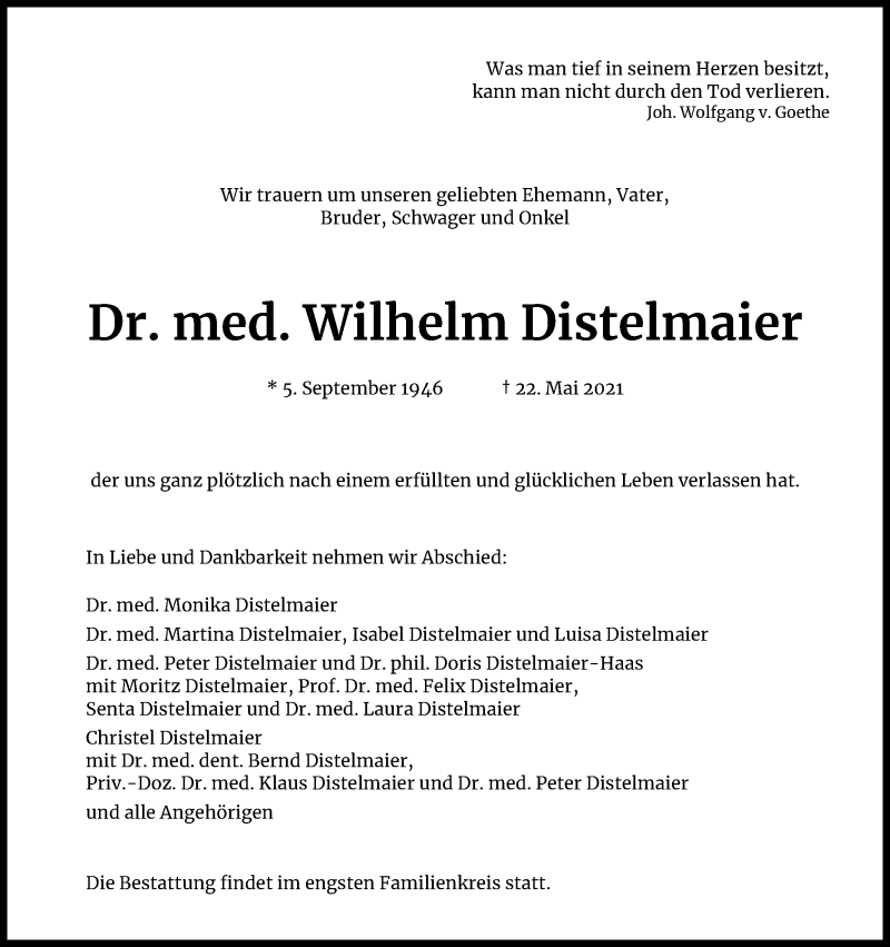  Traueranzeige für Wilhelm Distelmaier vom 29.05.2021 aus Kölner Stadt-Anzeiger / Kölnische Rundschau / Express