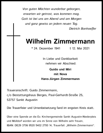 Anzeige von Wilhelm Zimmermann von Kölner Stadt-Anzeiger / Kölnische Rundschau / Express