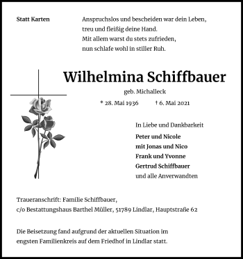 Anzeige von Wilhelmina Schiffbauer von Kölner Stadt-Anzeiger / Kölnische Rundschau / Express