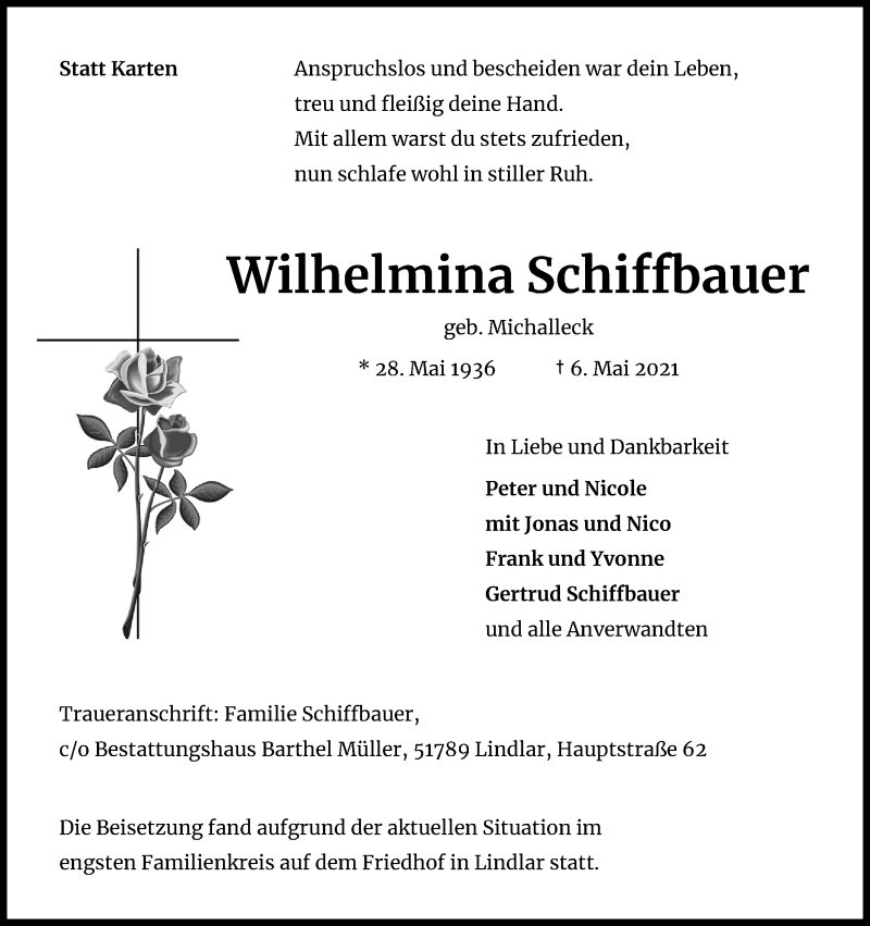  Traueranzeige für Wilhelmina Schiffbauer vom 22.05.2021 aus Kölner Stadt-Anzeiger / Kölnische Rundschau / Express