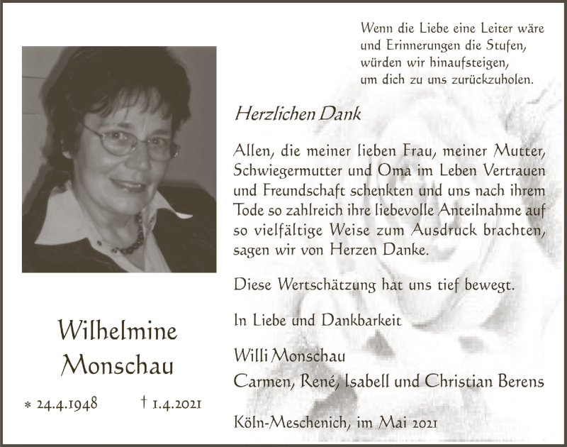  Traueranzeige für Wilhelmine Monschau vom 14.05.2021 aus  Kölner Wochenspiegel 