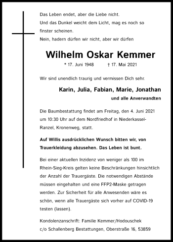 Anzeige von Wilhelm Oskar Kemmer von Kölner Stadt-Anzeiger / Kölnische Rundschau / Express