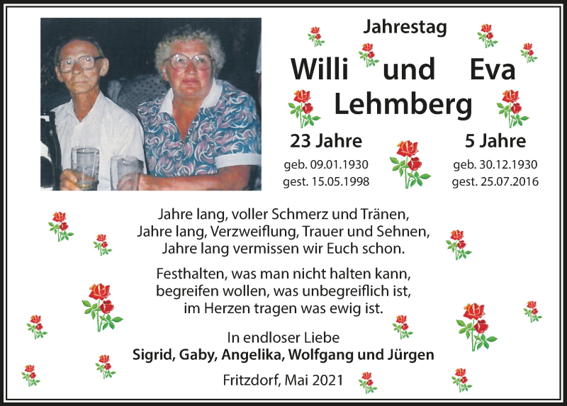  Traueranzeige für Willi Lehmberg vom 14.05.2021 aus  Schaufenster/Blickpunkt 