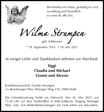 Anzeige von Wilma Strumpen von Kölner Stadt-Anzeiger / Kölnische Rundschau / Express