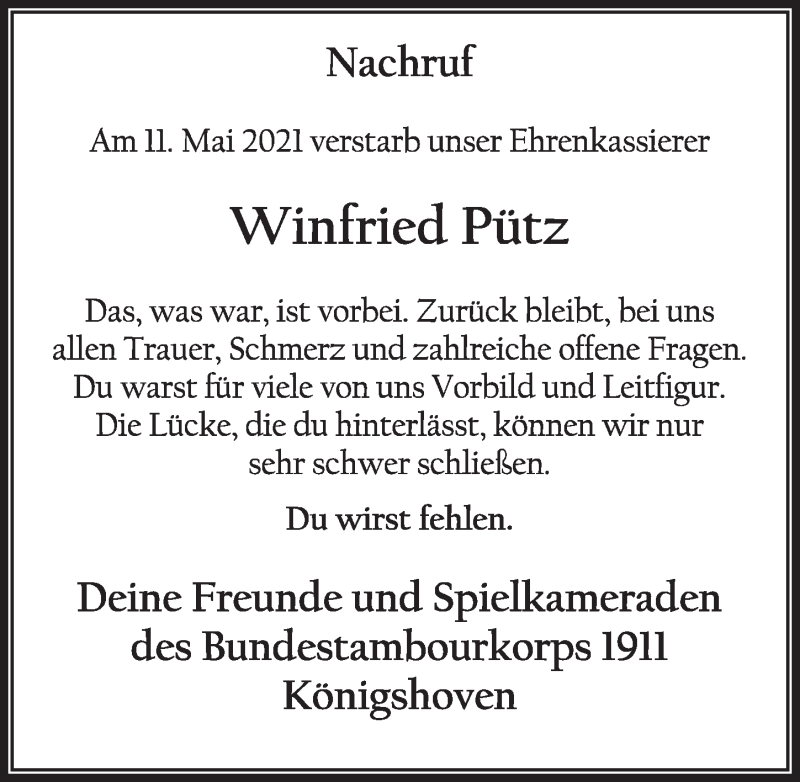  Traueranzeige für Winfried Pütz vom 21.05.2021 aus  Werbepost 