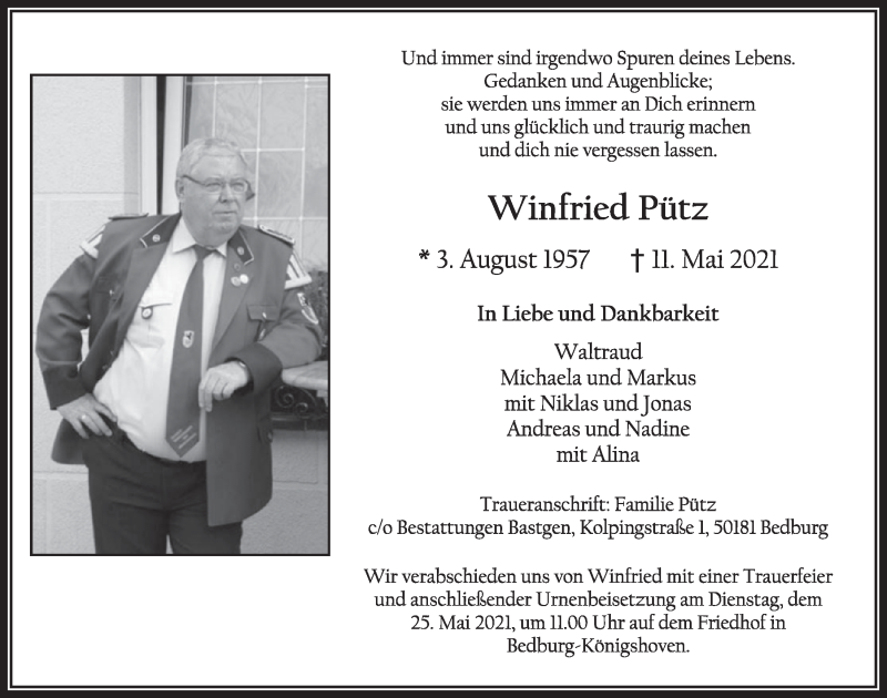 Traueranzeige für Winfried Pütz vom 21.05.2021 aus  Werbepost 