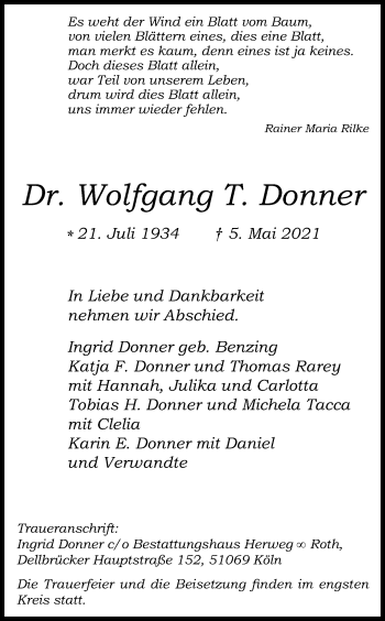 Anzeige von Wolfgang  Donner von Kölner Stadt-Anzeiger / Kölnische Rundschau / Express