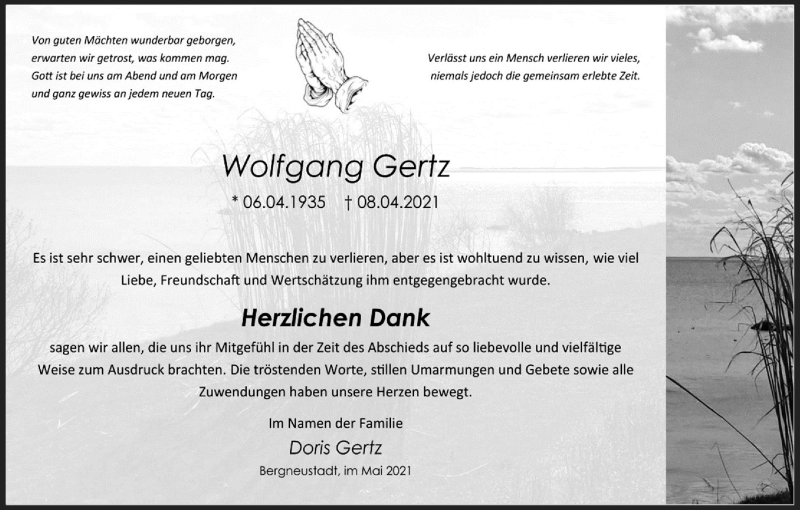  Traueranzeige für Wolfgang Gertz vom 22.05.2021 aus Kölner Stadt-Anzeiger / Kölnische Rundschau / Express
