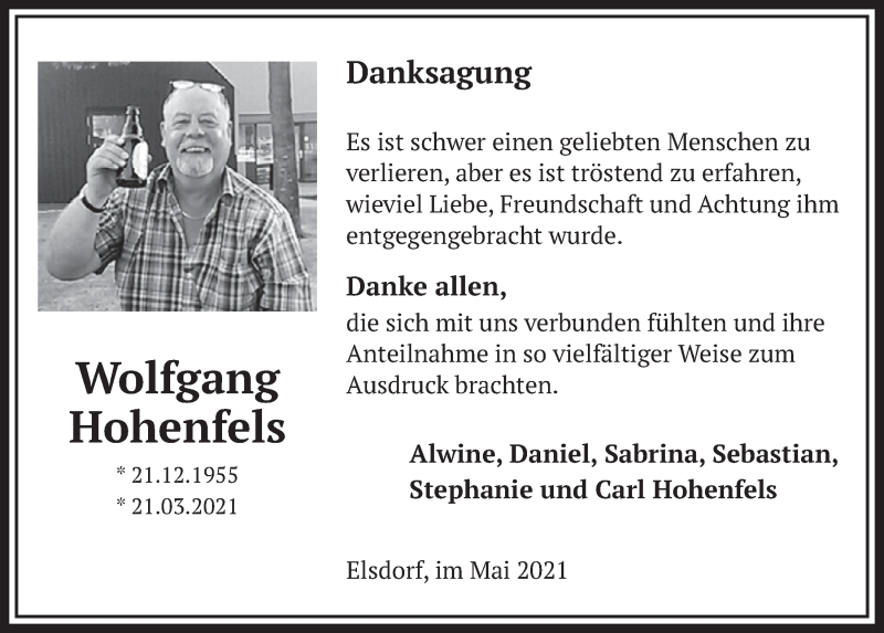  Traueranzeige für Wolfgang Hohenfels vom 14.05.2021 aus  Werbepost 