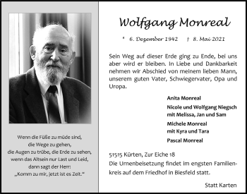 Anzeige von Wolfgang Monreal von  Bergisches Handelsblatt 