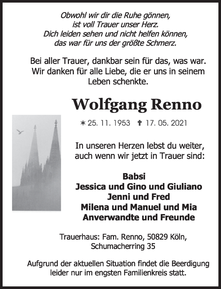  Traueranzeige für Wolfgang Renno vom 28.05.2021 aus  Kölner Wochenspiegel 