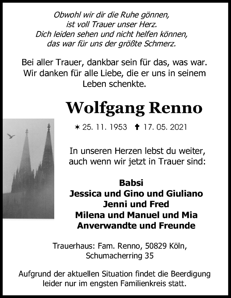  Traueranzeige für Wolfgang Renno vom 29.05.2021 aus Kölner Stadt-Anzeiger / Kölnische Rundschau / Express