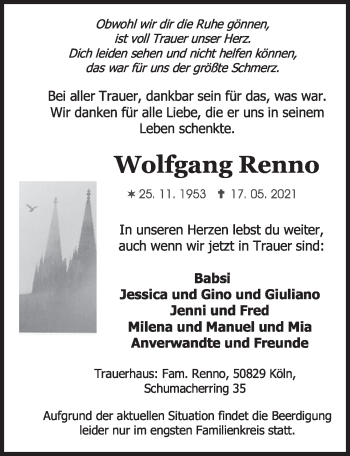 Anzeige von Wolfgang Renno von  Kölner Wochenspiegel 