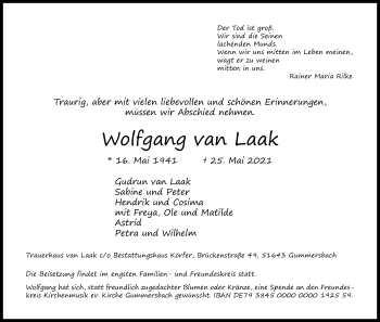 Anzeige von Wolfgang van Laak von Kölner Stadt-Anzeiger / Kölnische Rundschau / Express