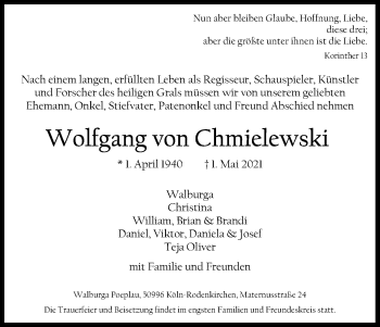 Anzeige von Wolfgang von Chmielewski von Kölner Stadt-Anzeiger / Kölnische Rundschau / Express