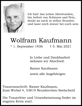 Anzeige von Wolfram Kaufmann von Kölner Stadt-Anzeiger / Kölnische Rundschau / Express
