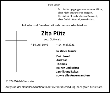 Anzeige von Zita Pütz von Kölner Stadt-Anzeiger / Kölnische Rundschau / Express