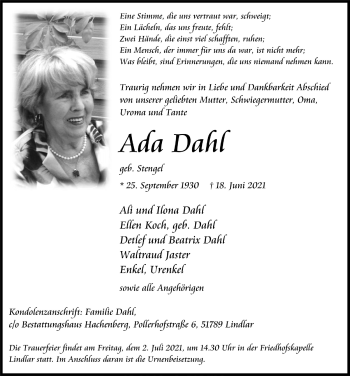 Anzeige von Ada Dahl von  Anzeigen Echo 