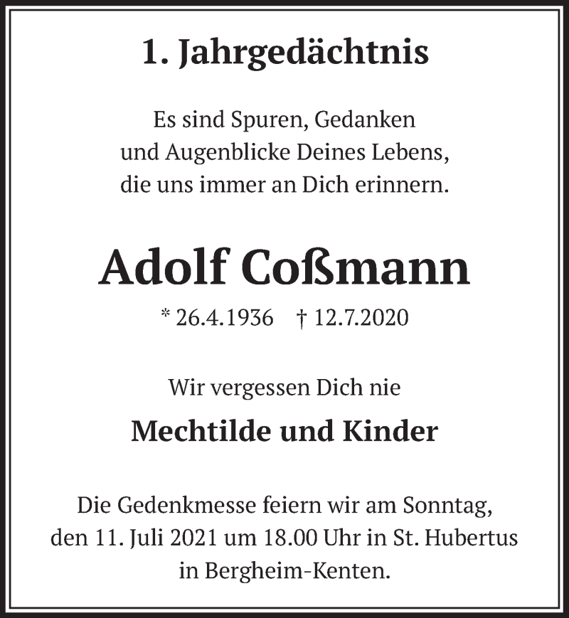  Traueranzeige für Adolf Coßmann vom 25.06.2021 aus  Werbepost 