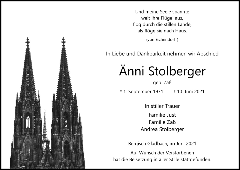  Traueranzeige für Änni Stolberger vom 19.06.2021 aus Kölner Stadt-Anzeiger / Kölnische Rundschau / Express