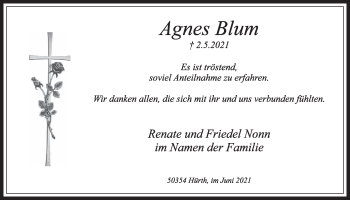 Anzeige von Agnes Blum von  Wochenende 