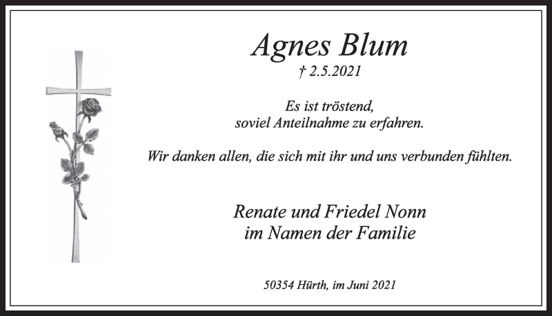  Traueranzeige für Agnes Blum vom 04.06.2021 aus  Wochenende 