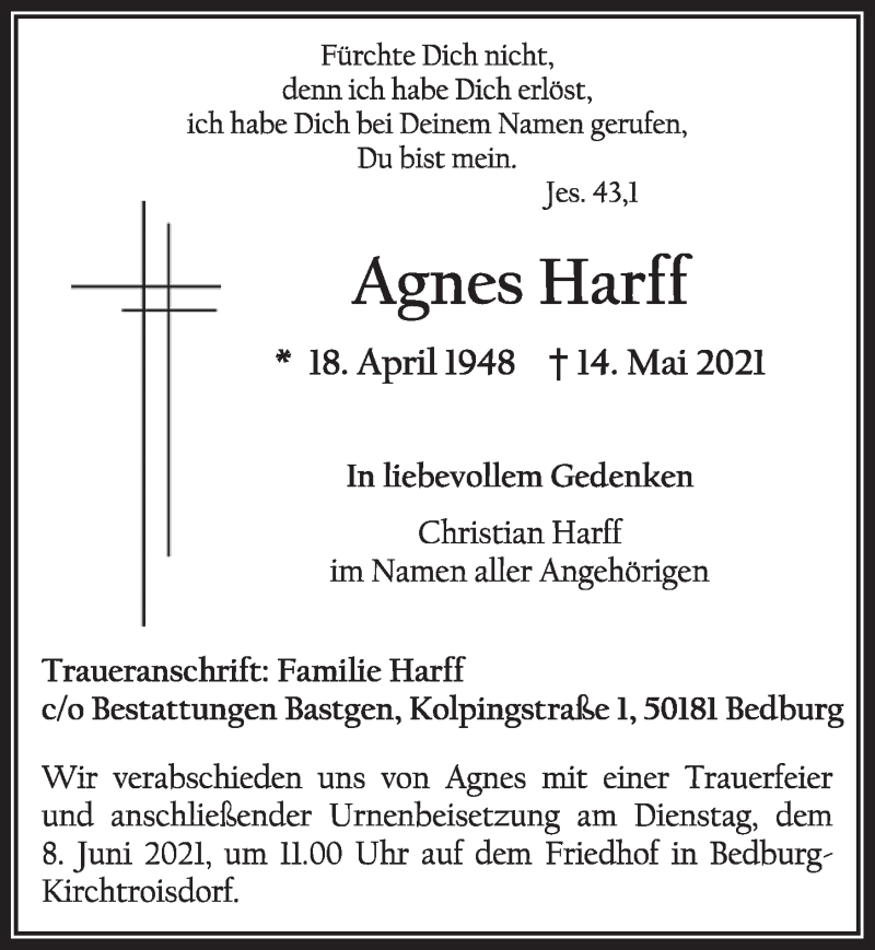  Traueranzeige für Agnes Harff vom 04.06.2021 aus  Werbepost 