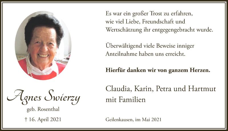  Traueranzeige für Agnes Swierzy vom 04.06.2021 aus  Lokalanzeiger 