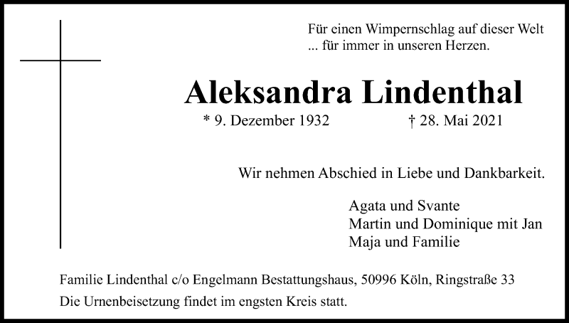  Traueranzeige für Aleksandra Lindenthal vom 05.06.2021 aus Kölner Stadt-Anzeiger / Kölnische Rundschau / Express
