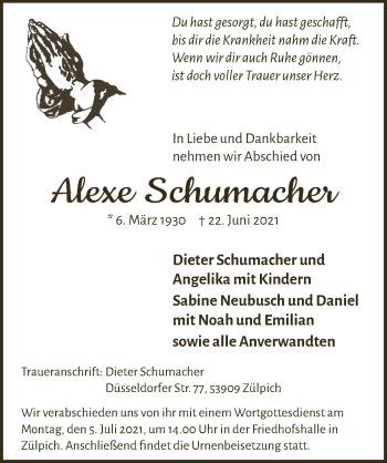 Anzeige von Alexe Schumacher von  Blickpunkt Euskirchen 