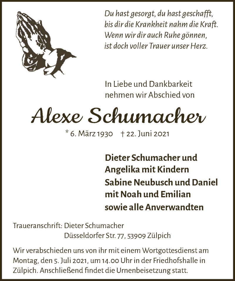 Traueranzeige für Alexe Schumacher vom 26.06.2021 aus  Blickpunkt Euskirchen 