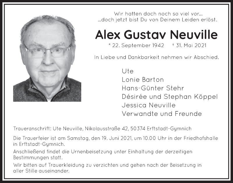  Traueranzeige für Alex Gustav Neuville vom 11.06.2021 aus  Werbepost 