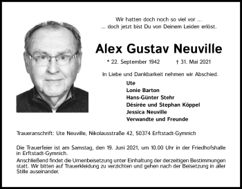 Anzeige von Alex Gustav Neuville von Kölner Stadt-Anzeiger / Kölnische Rundschau / Express