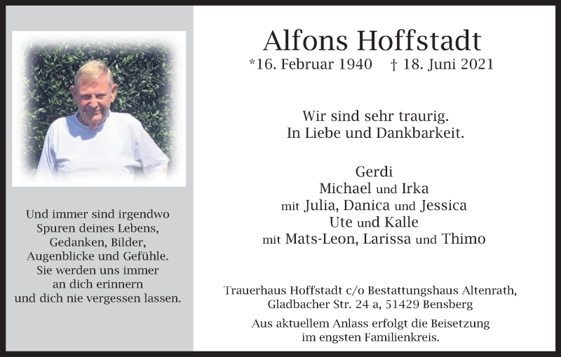  Traueranzeige für Alfons Hoffstadt vom 26.06.2021 aus Kölner Stadt-Anzeiger / Kölnische Rundschau / Express