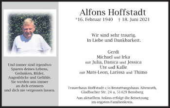 Anzeige von Alfons Hoffstadt von Kölner Stadt-Anzeiger / Kölnische Rundschau / Express