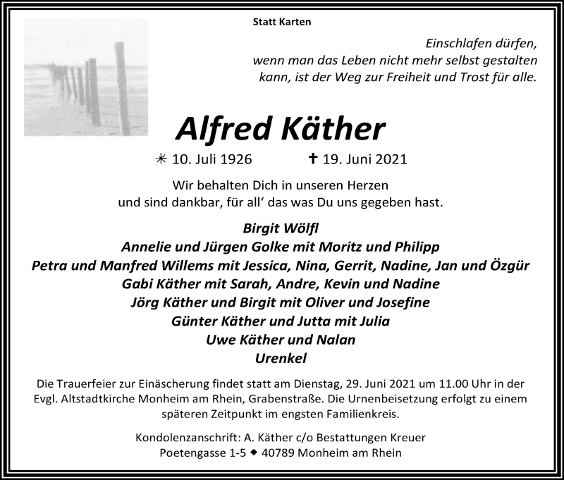  Traueranzeige für Alfred Käther vom 26.06.2021 aus Kölner Stadt-Anzeiger / Kölnische Rundschau / Express