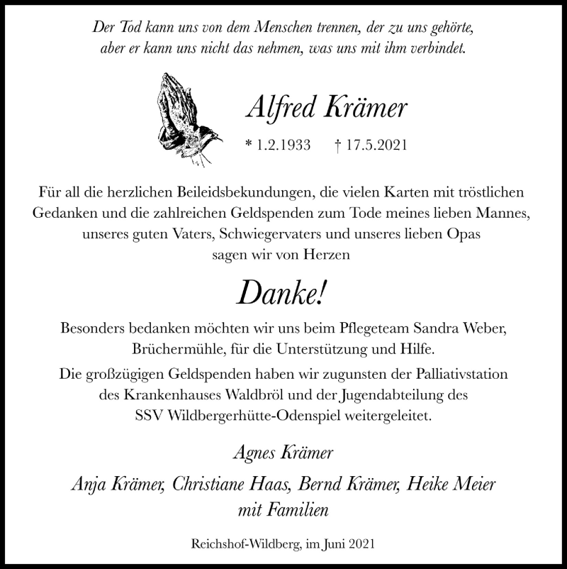  Traueranzeige für Alfred Krämer vom 25.06.2021 aus  Anzeigen Echo  Lokalanzeiger 