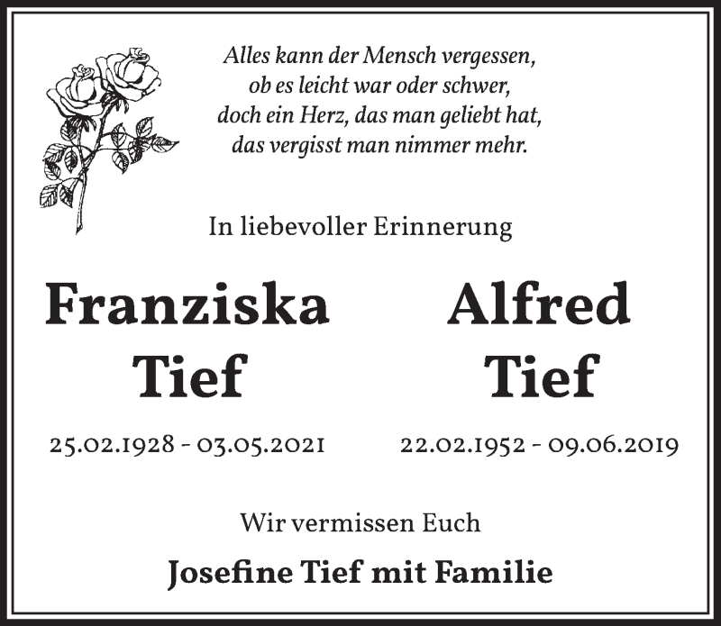  Traueranzeige für Alfred Tief vom 04.06.2021 aus  Wochenende  Werbepost 