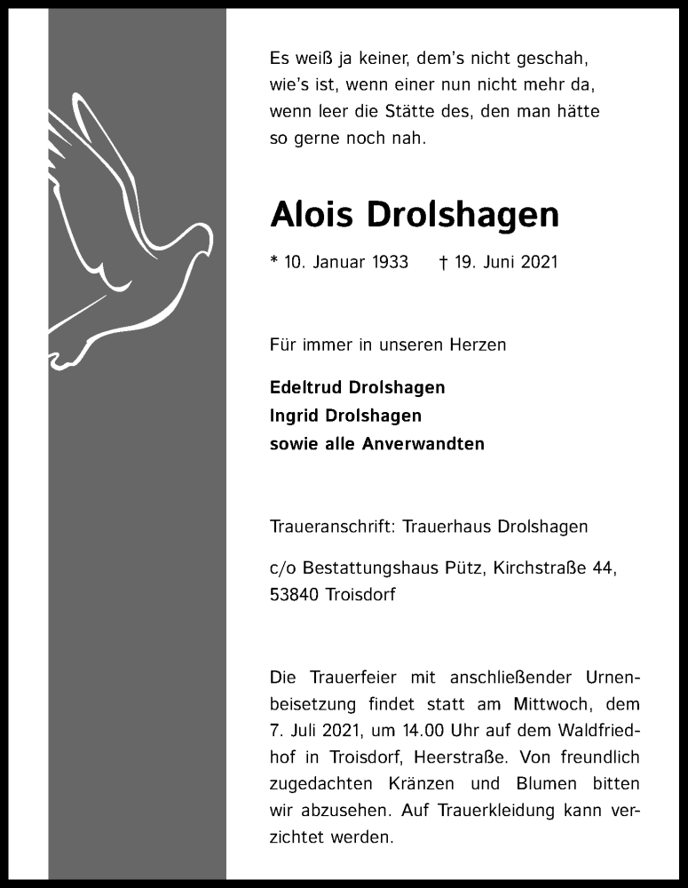  Traueranzeige für Alois Drolshagen vom 26.06.2021 aus Kölner Stadt-Anzeiger / Kölnische Rundschau / Express