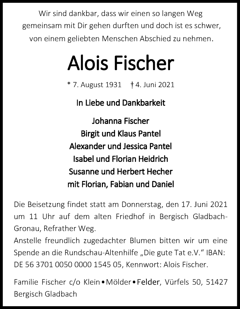  Traueranzeige für Alois Fischer vom 12.06.2021 aus Kölner Stadt-Anzeiger / Kölnische Rundschau / Express