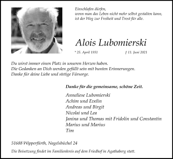 Anzeige von Alois Lubomierski von Kölner Stadt-Anzeiger / Kölnische Rundschau / Express